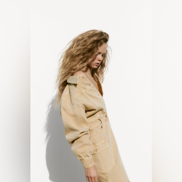 Zara dress denim jean long sleeve tan camel fall - Picture 6 of 12